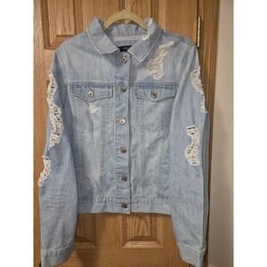 Forever 21 Jean Jacket 0X 12-14 Womens Blue Denim Heavily Distressed Light